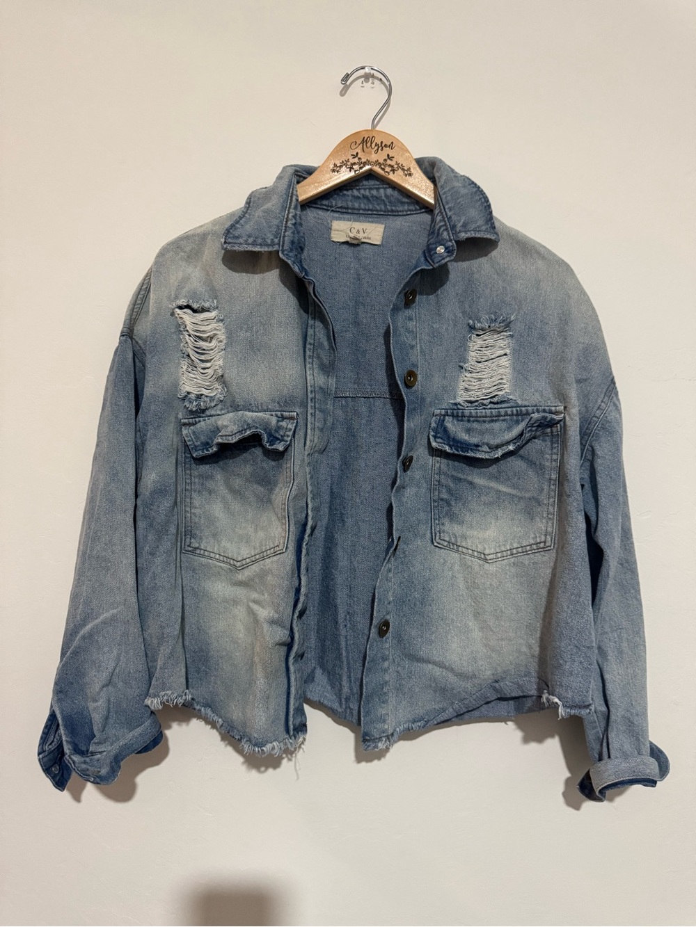 Chelsea & Violet Distressed Cropped Denim Jacket Light Wash Shacket Small S
